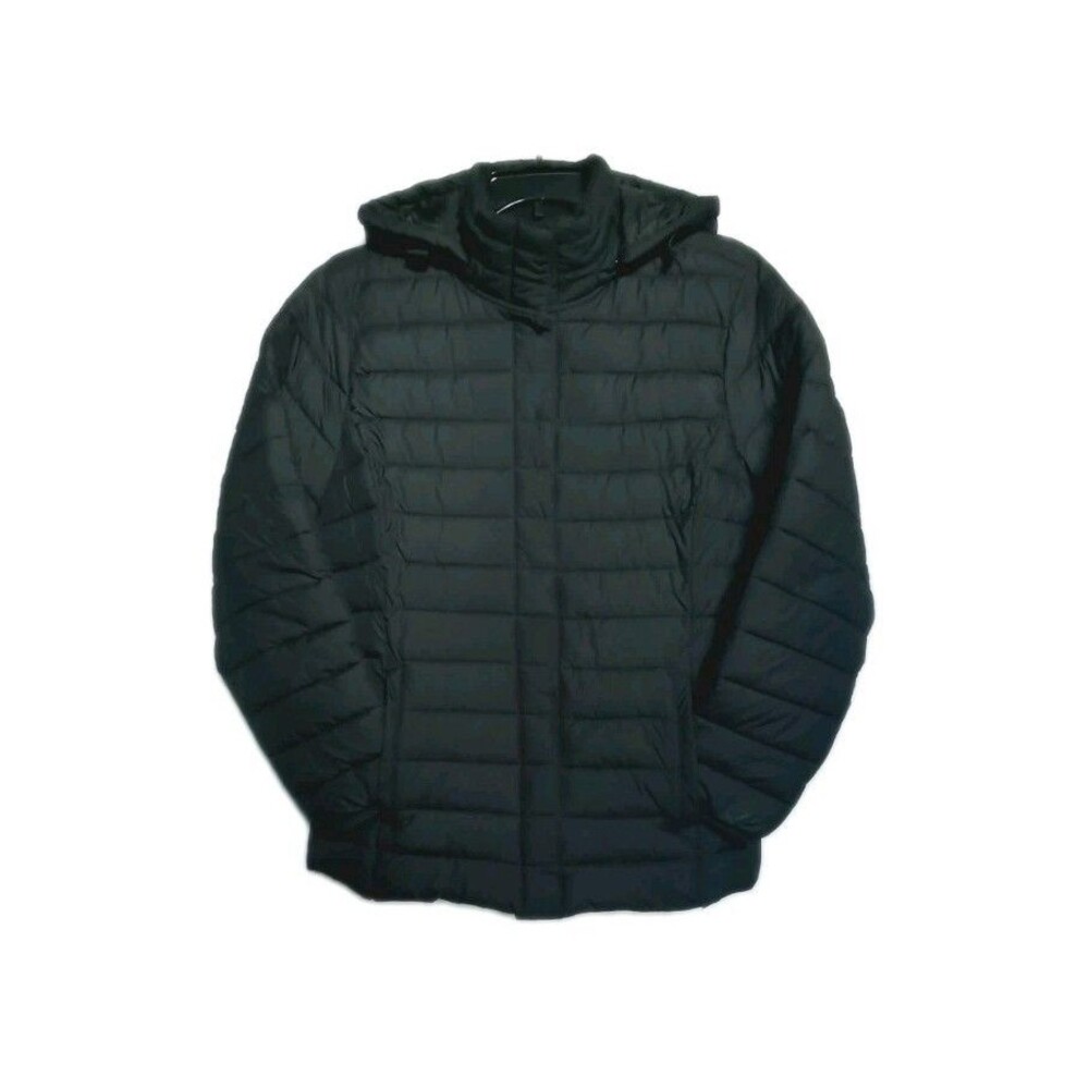 St. John's Bay Black Hooded Quilted Puffer Jacket Coat Pull Hook Loop Closure  L